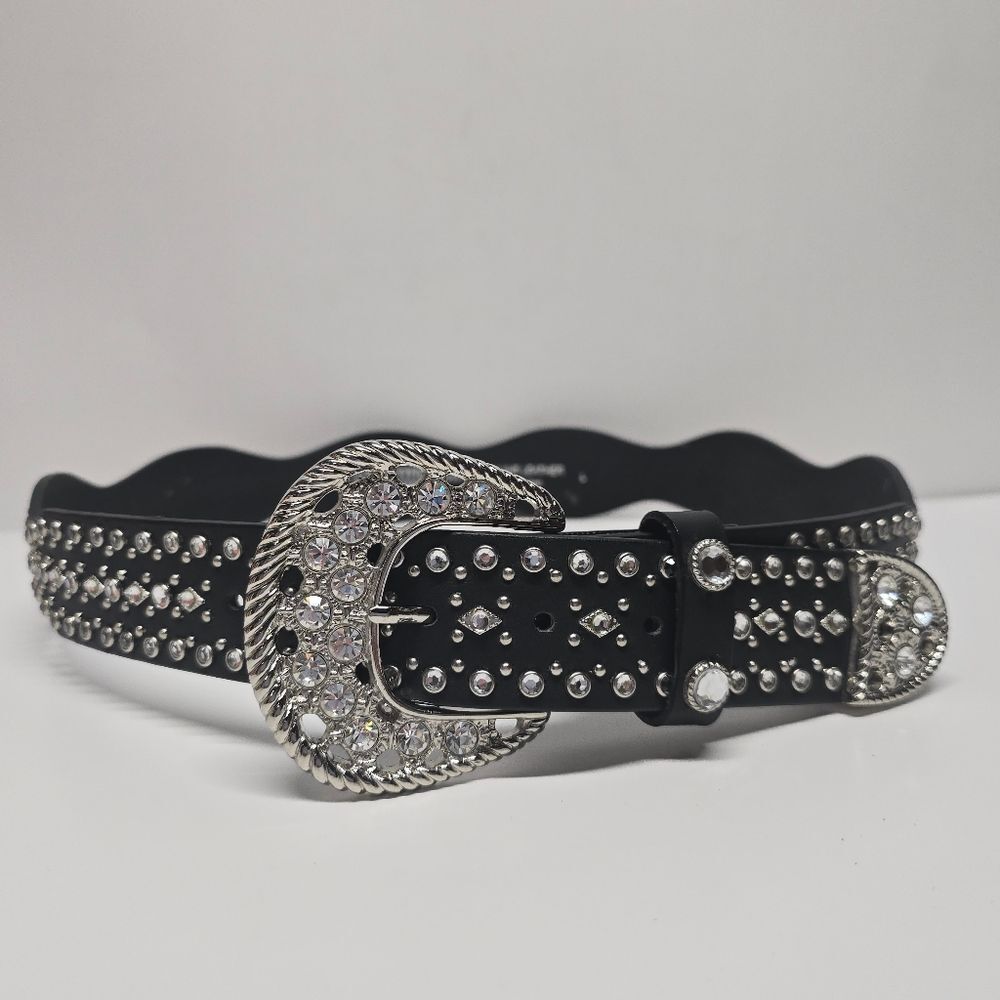 Christine Alexander Black Leather Swarovski Rhinestones Western Belt Women's L